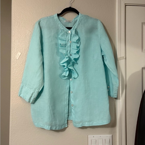 100%linen aqua blue ruffle button up tunic. 3/4 sleeve,  split hem. - Picture 3 of 16